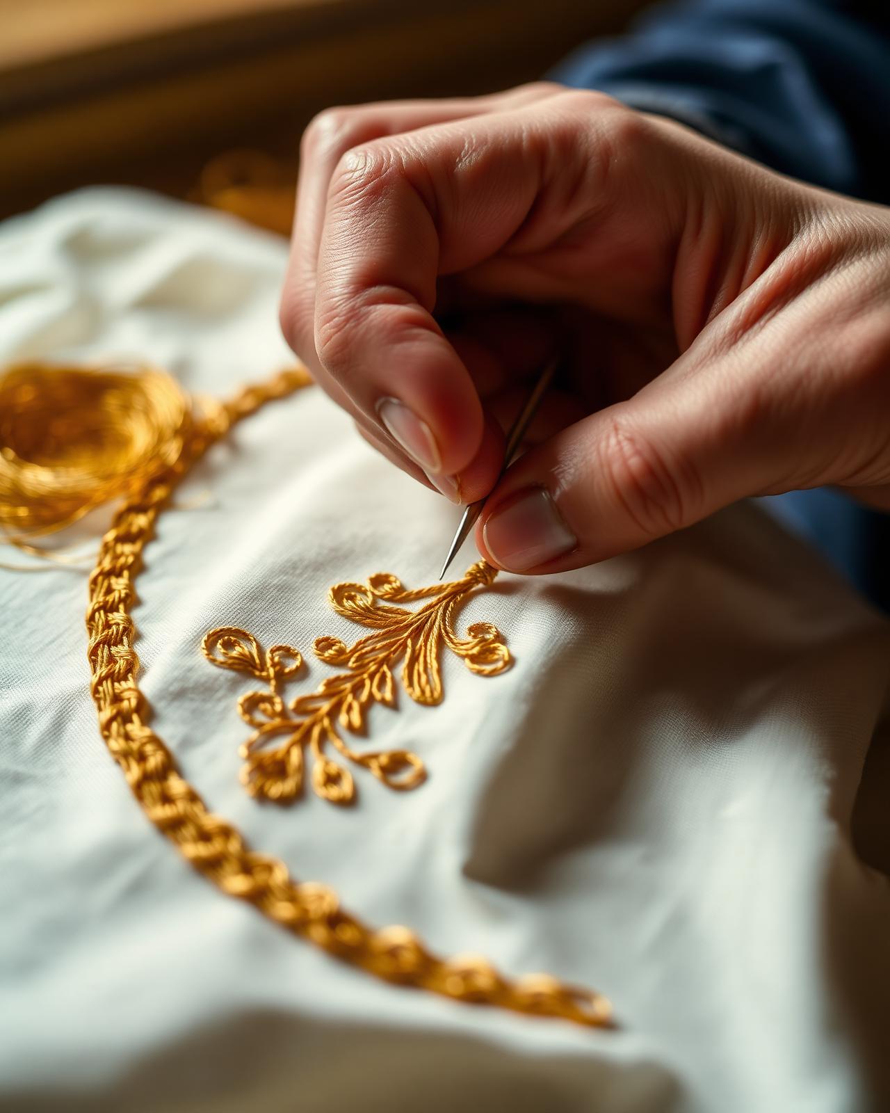 Artisan hands embroidering gold thread